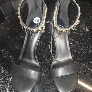 Karl Lagerfeld Black Heeled Sandals with Gold Charm Anklet